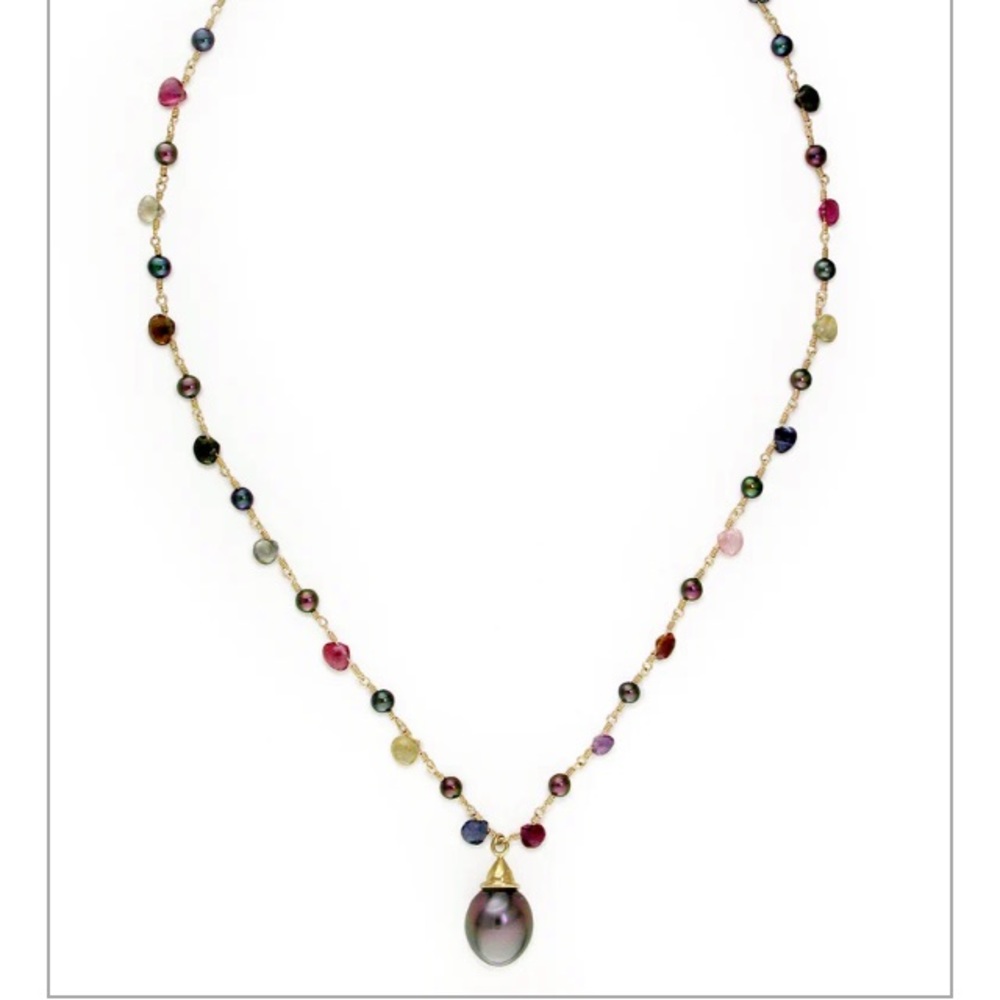 18k GOLD Sapphire & Spinel Briolette NECKLACE w/ SOUTH SEA PEARL PENDANT